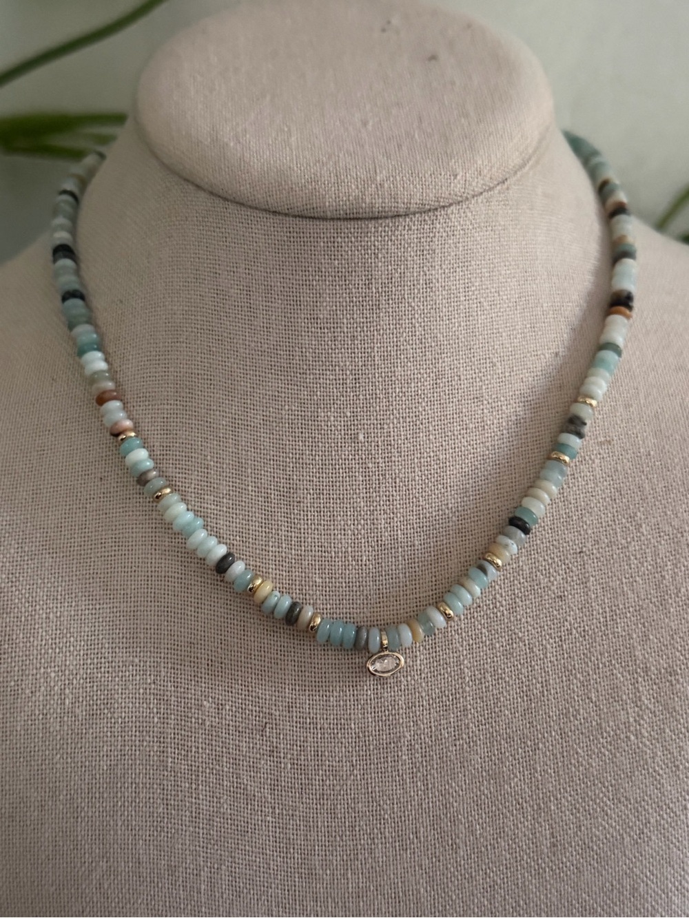 Vintage Light Blue Amazonite Aquamarine Gemstone & Gold Beaded Necklace